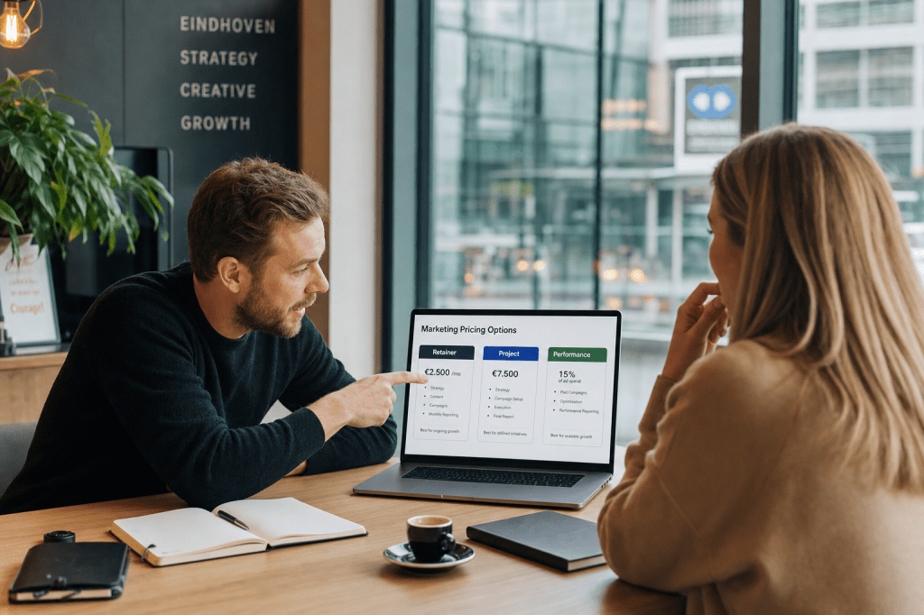 Wat kost een marketingbureau in Eindhoven gemiddeld en welke factoren bepalen het tarief (retainer, project of performance-based)?