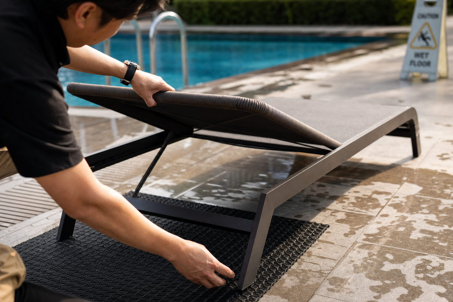 Antislip maatregelen en stabiliteit van loungebed bij zwembad
