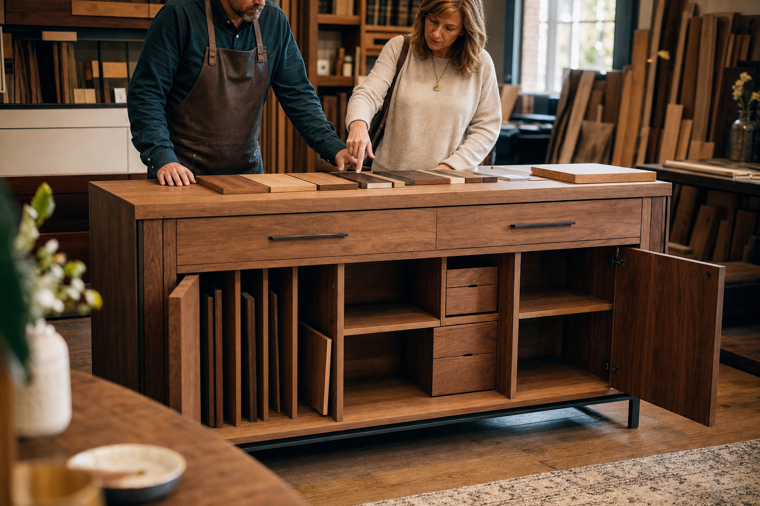 Maatwerk dressoir met verschillende houtsoorten en afwerkingen